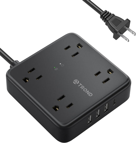 TROND 2 Claw Power Board,5 Feet(about 1.5 Rice)Extension Cable,Belt 4 One Wide Interval Ac Socket,4 个 USB Charger(1 个 USB-C),2 Claw 3 Claw Adapter Wall-Mounted 1440J Surge Protector,Suitable for Non-Grounding Plug,Black